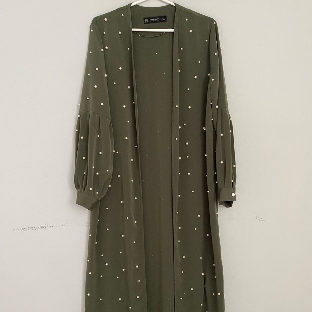 Long Green Cardigan with Pearls